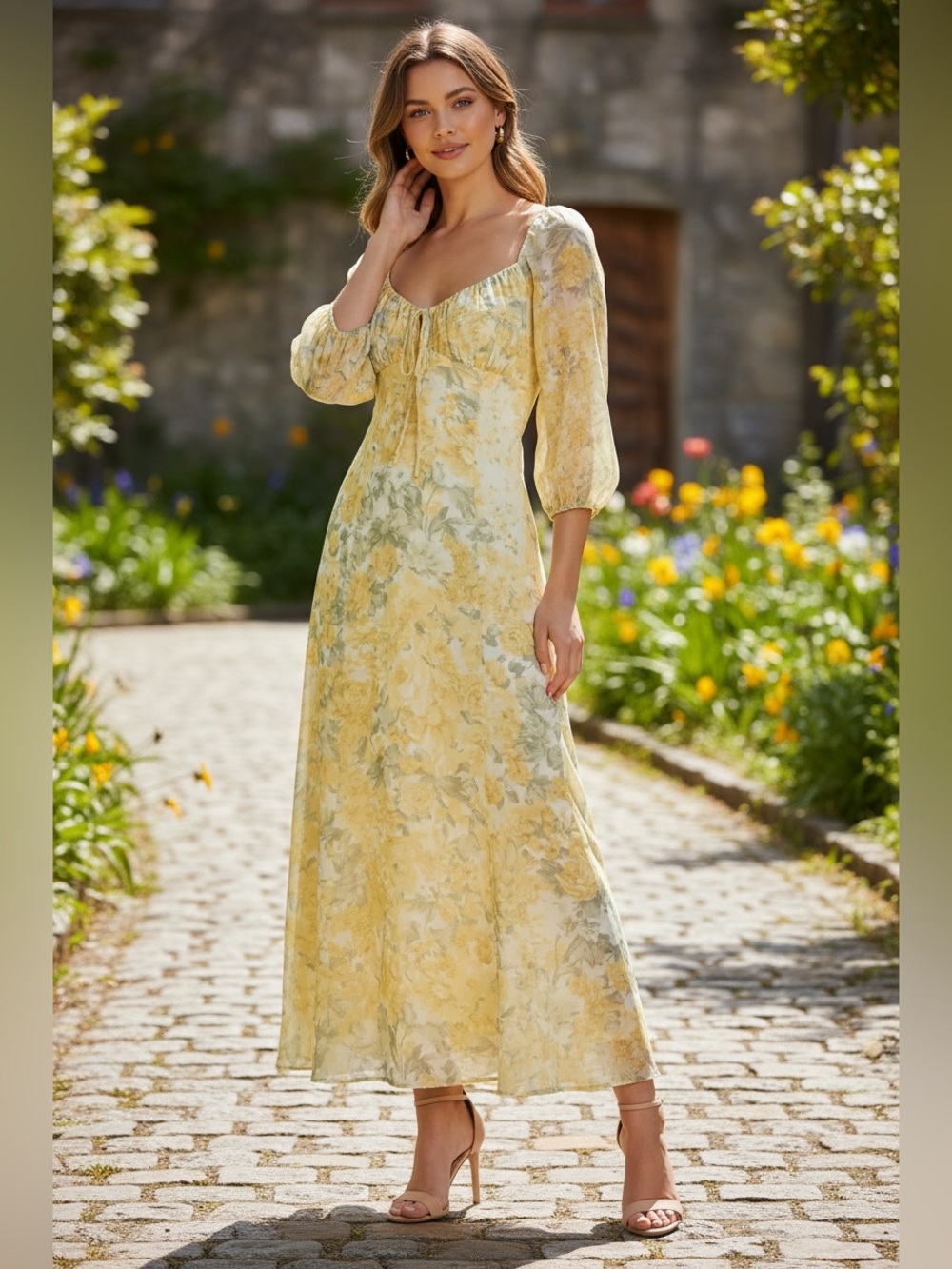 TAYLOR Yellow Floral Boho Peasant Maxi Dress Sz 4 Sm NWT Cottage Coquette